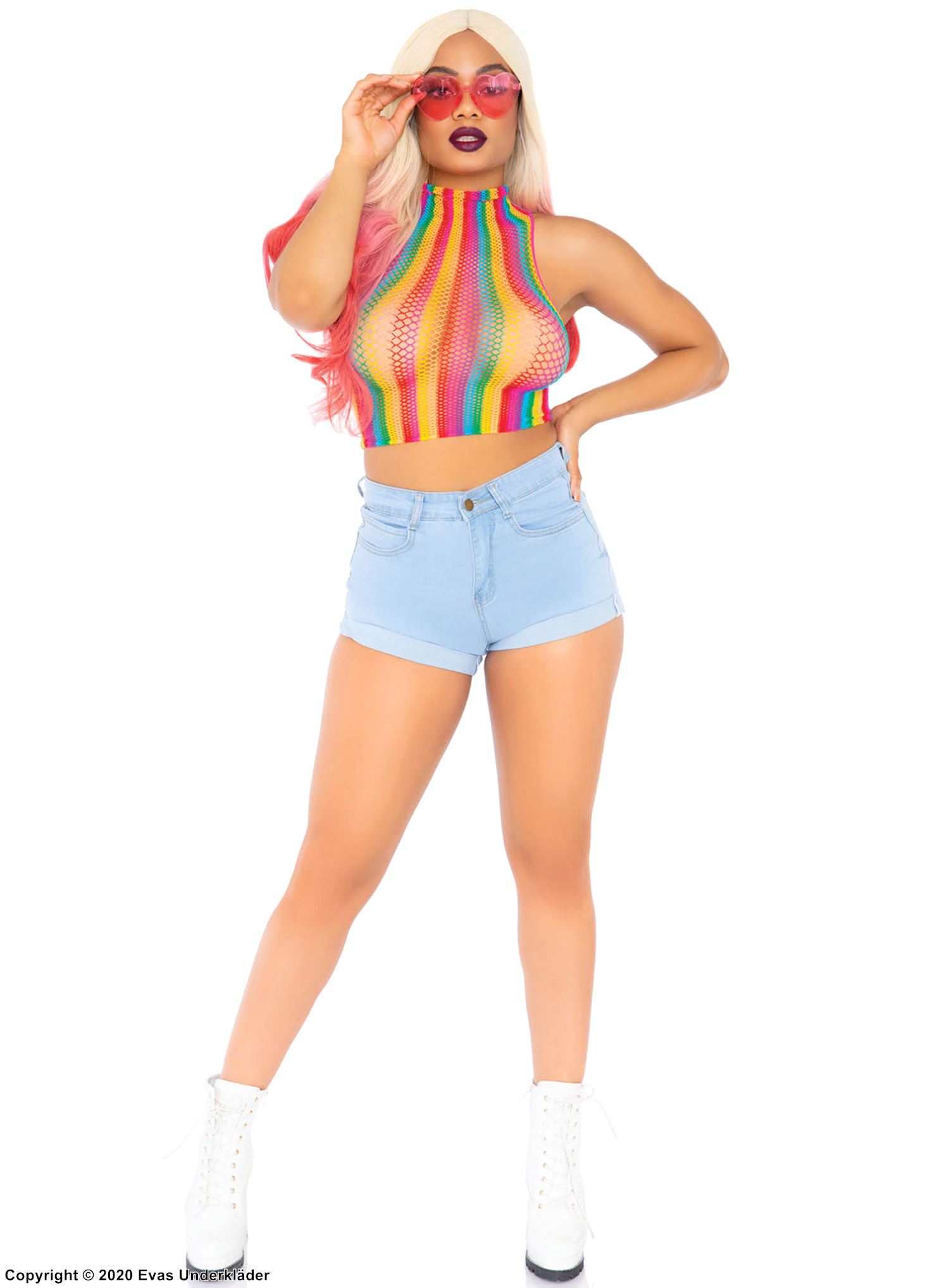 Bauchfreies Crop-Top, Netz, Rollkragen, Regenbogenfarbe